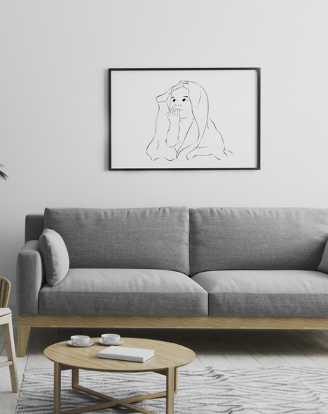 Lijntekening van baby in woonkamer