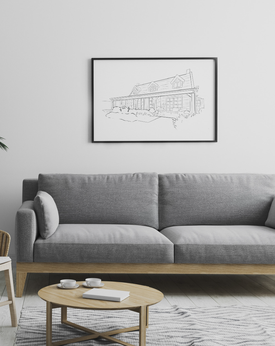 Lijntekening huis - Woning - Tekening van pand - Huis gekocht cadeau